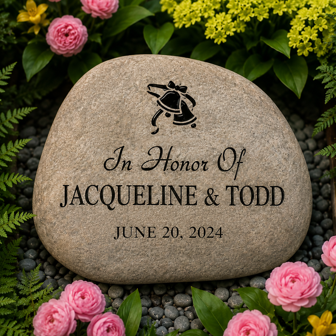Memorial stone with engraved text surrounded by flowers and greenery, engraved custom personalized stone 