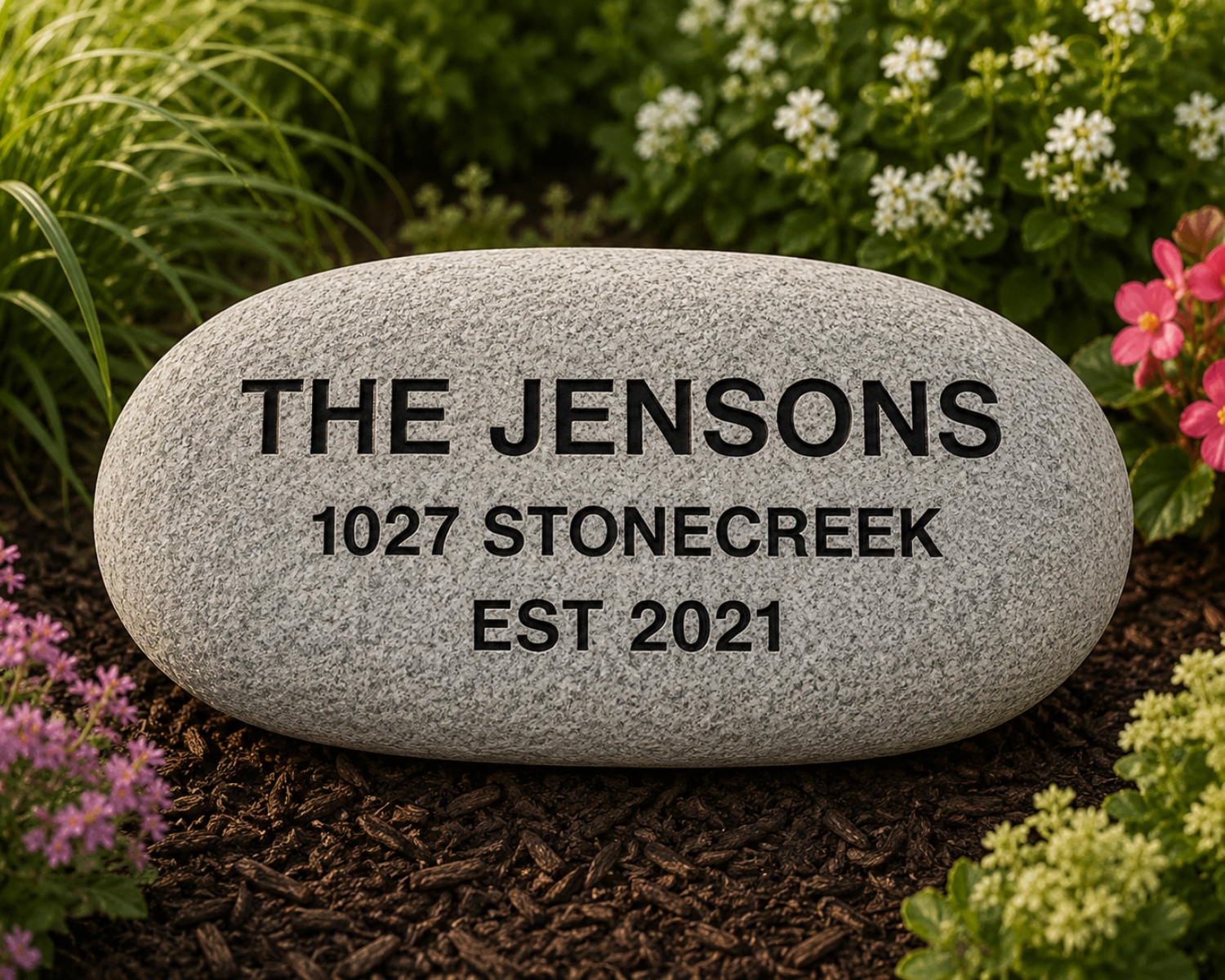Decorative stone with engraved text 'THE JENSENS 1027 STONECREEK EST 2021' in a garden setting.