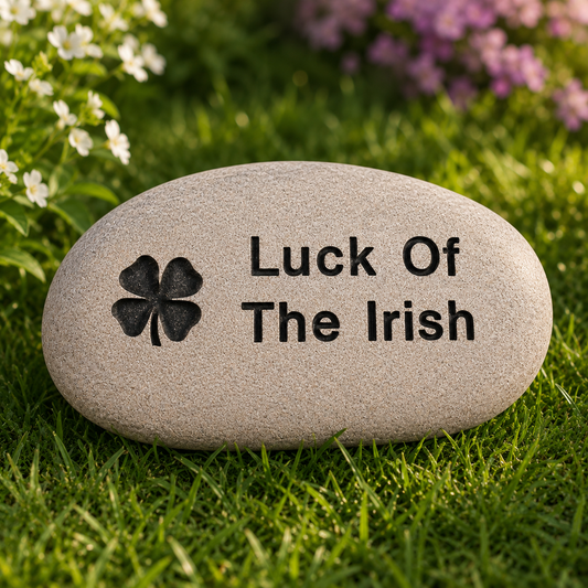 Decorative stone with 'Luck of the Irish' text and clover symbol on grass